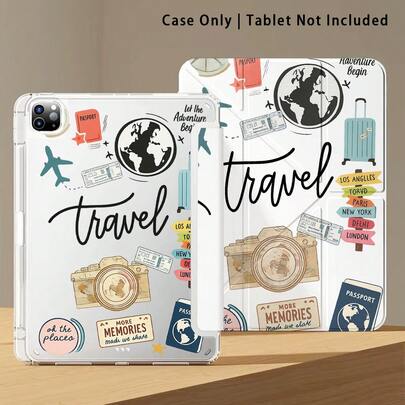 彩色亚克力水晶平板电脑保护套，带支架，图案包括飞机、相机和行李箱，兼容三星 A9/A9+/S9/S9FE/A11/A11+/S11/S10 FE/S10 FE+/S10 Lite、A16 2025、Air 11/13、M3 2025、Mini 7 A17、Pro 2024、Air 11/13、M2 2024、Pro 11/13、M4 2024、Pro 12.9、7/8/9 代、10.2、10 代、10.9、Air 4/5/6/7/8、10.9、Pro 11、4/5/6 代、Mini 6、SE 11、荣耀、Matepad SE 11 等机型。
