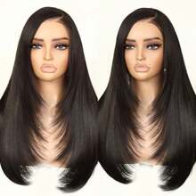 UandA Glueless C-Part Natural Black Straight Layered Wig Wear and Go 9x7 Lace Front Synthetic Wig Pre style Pre Plucked Pre Cut Vivid Self-growing Hairline Tiny Knots Premium Fiber 22Inch - C Parted2Natural Negro - Ver 9
