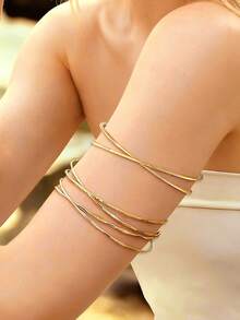 Set de 6 brazaletes geométricos minimalistas, brazaletes de metal exagerados con patrón floral personalizado y notas musicales suaves, adecuados para fiestas, regalos y uso diario - Dorado - Ver 3