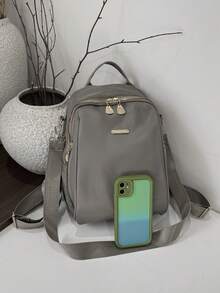 1 pieza Mochila grande de mujer de tela Oxford color negro sólido, versátil para uso diario y casual - Gris - Ver 3