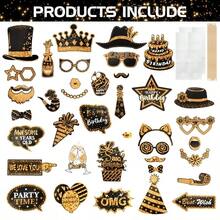 Bộ 38 phụ kiện chụp ảnh sinh nhật lấp lánh, biển hiệu chụp ảnh màu vàng và đen, thích hợp trang trí tiệc sinh nhật, phụ kiện selfie vui nhộn và quà tặng tiệc tùng, dùng được cho cả nam và nữ. - Xem 3