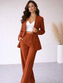 Conjunto bleiser pantalon top set 3 piezas blazer 6 botones top escote corazon pantalon pierna amplia outfit elegante femenino - Naranja Quemada - Ver 3
