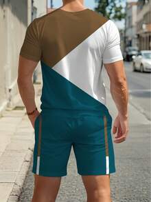 Conjunto casual masculino "Chanige" com estampa geométrica, composto por camiseta de manga curta e shorts. - Multicolorido - Ver 5