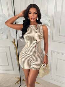 AIJ Amarilo Women's Summer Casual Striped Button Sleeveless Fitted Top And Shorts 2-Piece Set, Suitable For Vacation And Home Life (Random Print) - Apricot - View 4