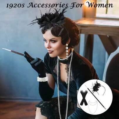 Bộ phụ kiện 4 món dành cho nữ gồm vòng cổ, găng tay, băng đô và đạo cụ cầm tay, thích hợp cho tiệc theo chủ đề thập niên 1920, lễ hội hóa trang retro, Halloween hoặc lễ Giáng sinh.