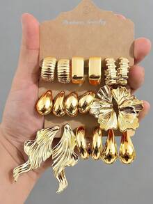 6/18pcs Gold-Tone Fashion Earring Set For Women, Includes Left & Right Ear Flowers, Teardrop, Small C-Shape Designs, Stylish & Elegant, Suitable For Daily, Party, Gift For Best Friend, Mother - Gold - View 1