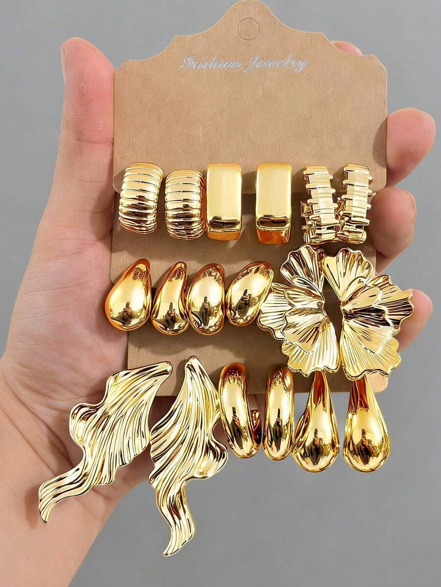 6/18pcs Gold-Tone Fashion Earring Set For Women, Includes Left & Right Ear Flowers, Teardrop, Small C-Shape Designs, Stylish & Elegant, Suitable For Daily, Party, Gift For Best Friend, Mother - Gold - View 1