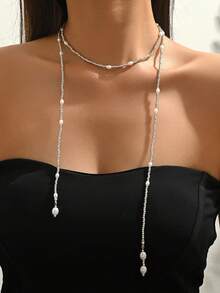 1 pieza Collar largo con cuentas de perlas estilo europeo y americano, cadena de clavícula multicapa, adecuado para ocasiones casuales, de viaje, diarias y de fiesta - Collar largo con cuentas - Ver 9