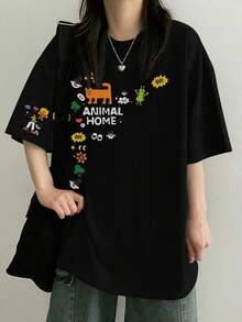 女士休闲圆领宽松卡通字母印花短袖T恤，春夏款，黑色 - 黑色 - 查看 2