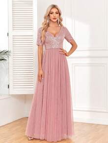 Vestido de noche rosa de línea A con cuello en V, manga corta y malla con lentejuelas, elegante vestido de gala formal, adecuado para invitados de boda, fiesta de cóctel, dama de honor, ceremonia de graduación - Rosa vieja - Ver 5