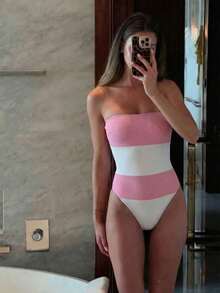 夏季女款簡約性感平口黑白條紋連身泳衣，海灘度假派對時尚優雅休閒泳裝套裝 - 彩色 - 查看 2