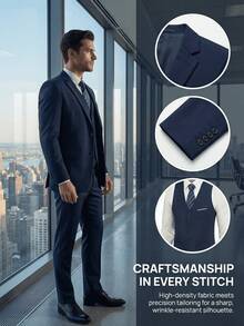 3 PiecesNavy Blue Suit Set For Men, Includes Single-Breasted Jacket + V-Neck Vest + Straight-Leg Pants, Wrinkle-Resistant, Durable, Non-Deforming, Comfortable For Long Wear, Easy Care, Suitable For Business Or Wedding Occasions - Navy Blue - View 7