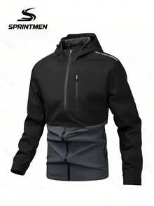 1pc Men's Black & Grey Contrast Splice Hooded Jacket, Men's Sports Windbreaker, Casual Jacket, Men's Bomber Jacket, Reflective Stripe Design, Side Pockets, Machine Washable, Outdoor Running Cycling Hiking Casual Sports Jacket, Men's Outerwear - Grey - View 3