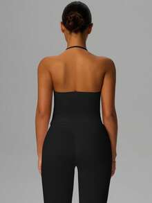 Yefecy 新款 Impact 运动瑜伽背心，女士健身瑜伽衫，运动服，露背褶皱内置胸罩短款上衣，配有可调节肩带，黑色春季款 - 黑色 - 查看 4