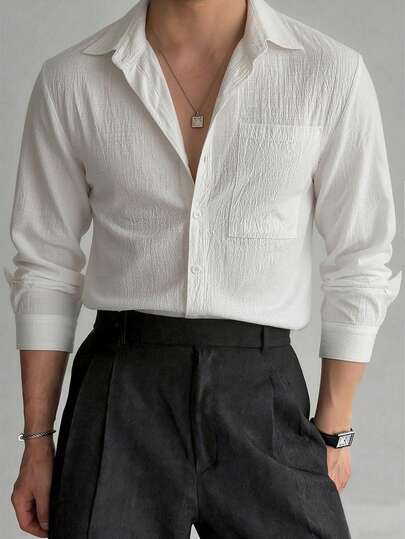 WAIT HIM Áo sơ mi nam tay dài màu trơn, đơn giản, chất liệu 100% cotton, có túi đi làm