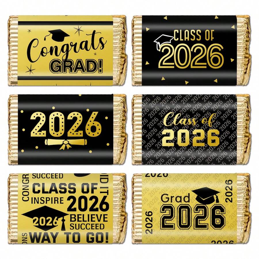 5张/30张 2026届毕业派对迷你糖果棒标签贴纸，2026届毕业祝贺迷你糖果巧克力棒包装贴纸，毕业派对装饰用品，无糖果剪贴簿用品 - 黑色&金色 - 查看 1