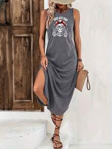 Graphic Print Sleeveless Tee Dress, Casual Tank Dress For Spring & Summer, Women's Clothing - 橘色 - 查看 4
