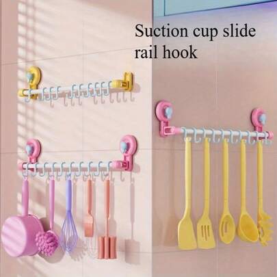 Bộ 3 móc treo không cần khoan dùng để sắp xếp dụng cụ nhà bếp - Thanh trượt ABS chịu lực cao với nhiều móc, thiết kế hiện đại tiết kiệm không gian cho tủ và bề mặt nhẵn (màu sắc tươi sáng), giá đựng dụng cụ cho quầy bếp, sắp xếp tủ, dụng cụ nhà bếp hiện đại, cấu trúc chống trượt.