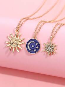 3pcs/Set Children Cute Eid Al-Adha Rhinestone Sun Moon Star Pendant Necklace Set, Suitable For Daily Wear, Gift, Festival - Gold - View 1