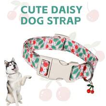 樱桃吊坠狗狗项圈 - 可调节白色红色水果印花宠物项圈，配米色扣环和银色D形环 - 可爱樱桃吊坠小狗项圈，适合小型和中型犬 - 混合色 - 查看 2