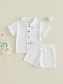 2Pcs Baby Boy Summer Outfits Short Sleeve Pocket Button Down Shirt + Shorts Set Toddler Clothes - 白色 - 查看 6