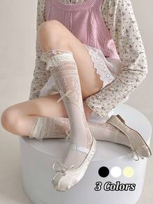 1/3 双春夏薄款过膝袜，芭蕾舞鞋款中筒袜，洛丽塔蝴蝶结袜，网眼镂空堆堆袜，隐形袜，蕾丝边直筒袜 - 彩色 - 查看 2
