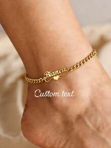 Customized Double Name Heart & Butterfly Pattern 5mm Cuban Link Anklet, Stainless Steel Adjustable Suitable For Women, Waterproof & Fade-Resistant Anklet, Birthday Gift For Her - Gold - View 11