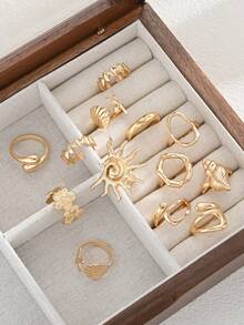 13pcs Bohemian Style Beach Vacation Gold Tone Flower, Sun, Asymmetrical Wide Band Rings Set, Suitable For Women's Holiday, Party, Daily, Travel, Photo Shoot, Versatile New Arrival - Yellow Gold - View 3