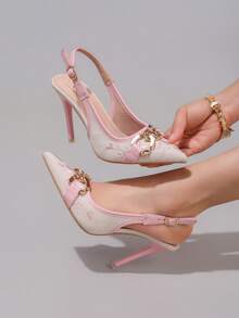 Giày cao gót màu hồng thanh lịch với họa tiết dây xích thêu thời trang, mũi nhọn gợi cảm, phù hợp cho các dịp trang trọng, tiệc tùng và dạ hội. - Hồng - Xem 6