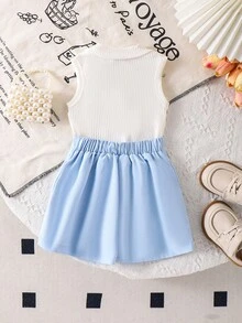 2件套女婴可爱polo领罗纹背心+短裤套装，轻薄夏季服装 - 淺藍色 - 查看 3