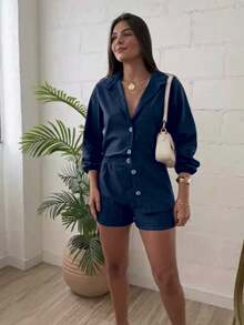 Combination Set Consisting Of A Long-Sleeved Top And Shorts. - Navy Blue - View 1