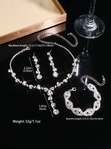 3pcs Set Elegant Necklace, Earrings, Bracelet, Floral Design With Rhinestones, Suitable For Women's Daily Wear, Weddings, Parties And Other Occasions - White - View 3