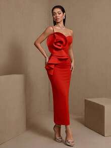 Elegant Red Strapless Long Pleated Floral Party Dress - Red - View 4