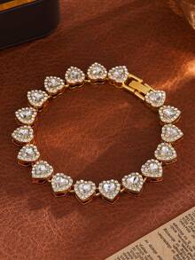 1pc Classic Versatile Heart-Shaped Zirconia Inlaid Copper Bracelet, Silver/Gold Color Options, Suitable For Students, Campus Daily Wear, Nice Gift For Friends - Bracelet - View 8