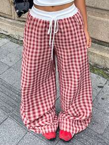 Quần nỉ ống rộng kẻ caro dành cho nữ, kiểu dáng suông rộng, cạp chun có dây rút. - kẻ sọc đỏ trắng - Xem 9