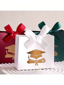 Graduation Gift Bag - Black Ribbon And Gold Graduation Cap/Diploma Gift Box; Black Graduation Party Favors And Decorations (With Gold Diploma Pattern). Available In Red, White, Black And Green (Sold Individually Or As A 4-Piece Set With Candy Box). Ideal For Graduation Party Decor And Seasonal Decoration. - Multicolor - View 4
