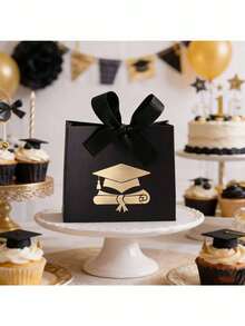 Graduation Gift Bag - Black Ribbon And Gold Graduation Cap/Diploma Gift Box; Black Graduation Party Favors And Decorations (With Gold Diploma Pattern). Available In Red, White, Black And Green (Sold Individually Or As A 4-Piece Set With Candy Box). Ideal For Graduation Party Decor And Seasonal Decoration. - Multicolor - View 6