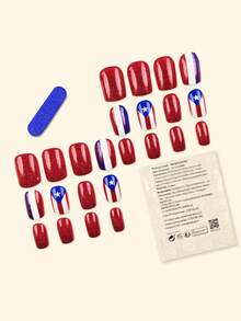 24pcs Press On Nails Medium Square French Nails Y2k Red Nails American Flag Style Reusable Press On Acrylic Nails Fake Nails Supplies Free Of 24 Pieces Of Jelly Tabs And A Mini File - Red - View 2
