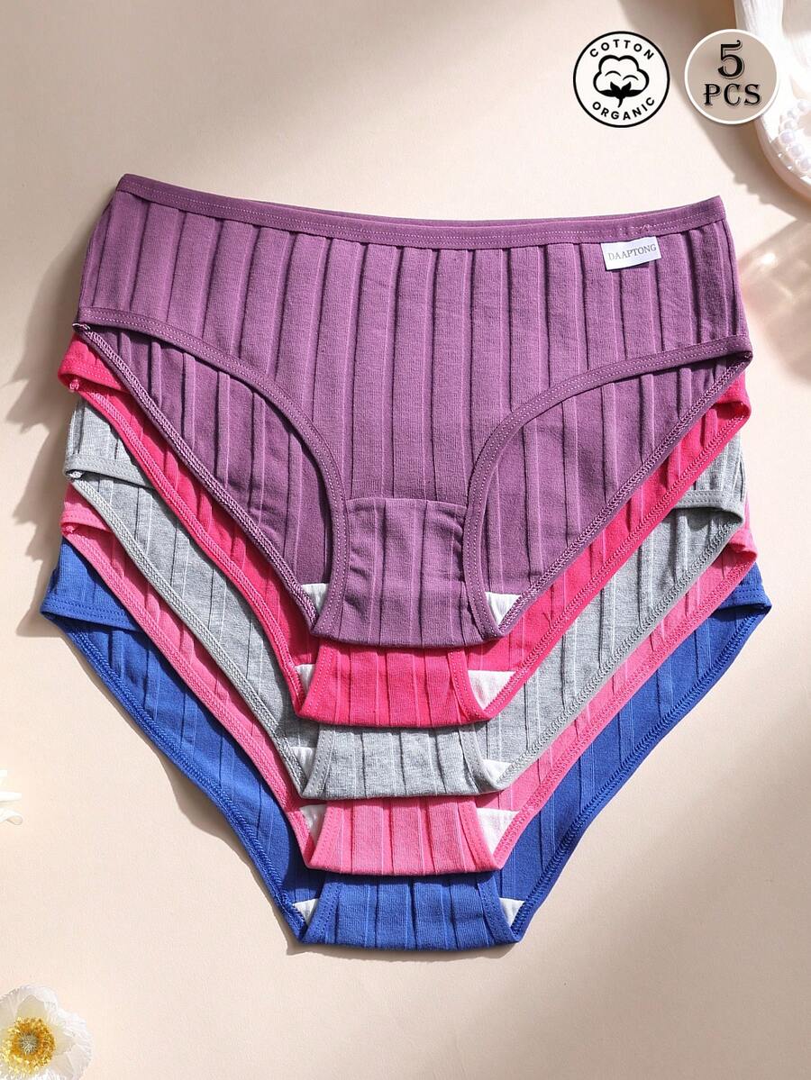 5 piezas de bragas de algodón para mujer de cintura baja, sin costuras, acanaladas, de unicolor, cómodas y transpirables, ropa interior deportiva