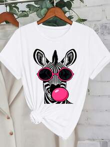 Plus Size Zebra Print Round Neck High Elasticity T-Shirt Casual White - White - View 4