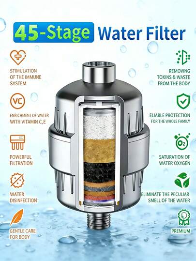 45度壁挂式淋浴过滤器，通用多层淋浴喷头净水器，升级过滤，拉丝表面，结构精良，高效过滤水质，去除氯、氟化物和杂质，软化水质，呵护肌肤和头发，减少干燥、瘙痒、头皮屑和湿疹，适用于大多数淋浴喷头和特定水龙头，是家庭、酒店、公寓、淋浴房和房车浴室的必备配件，升级您的淋浴喷头和水龙头，带来清爽的沐浴体验，是理想的礼物和浴室翻新之选。