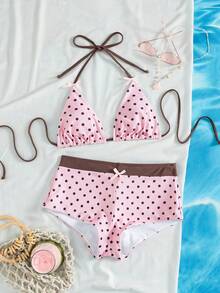 Women's Swimwear; Sexy & Fashionable; Pink 2-Piece Swimwear; Summer Beach; Bikini Set; Plaid Print; Bow Decor; Sexy Women's Swimwear, Fashionable Swimwear Suitable For Swimming Pool Party Holiday; Women's Swimwear, Women's Swimwear, Bikini Vacation - Pink Coffee Color - View 2