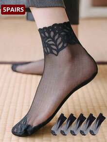 5 Pairs Mesh Breathable Lace Ankle Socks, Spring/Summer - Black - View 1