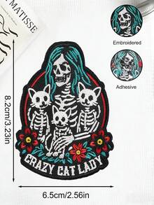 1pc Gothic Alien Embroidered Patch, Skull Lady & Skeleton Cat Design, Crazy Cat Gothic Punk Style Skull, Iron-On Embroidery Patch Suitable For Clothes, Jackets, Hats - A - View 12