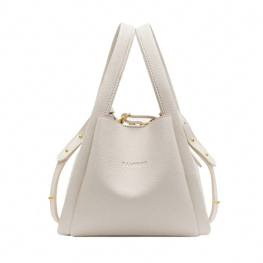 Nouveau sac de mode printemps pour femmes, sac seau en cuir doux avec motif de litchi, simple et polyvalent, convient pour le trajet, sac à bandoulière mère et fille. - blanc cassé - Voir 1