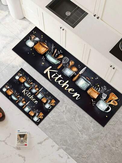 Thảm bếp bằng cao su thấm hút dày 3.5mm, kích thước lớn hoặc nhỏ, phù hợp với phong cách cổ điển Mỹ và tranh màu nước, màu nền đen đậm với họa tiết dụng cụ nhà bếp vẽ tay, có thể cắt tỉa cho vừa kích thước bếp, chất liệu bề mặt vải.