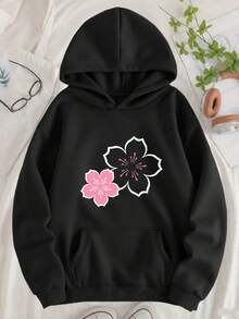 The Pink Floral Print On The Sweatshirt Features A Fresh And Natural Design. This Women's Hooded Sweatshirt With A  Pattern, Printed Letters, And-G112 - 黑色 - 查看 7
