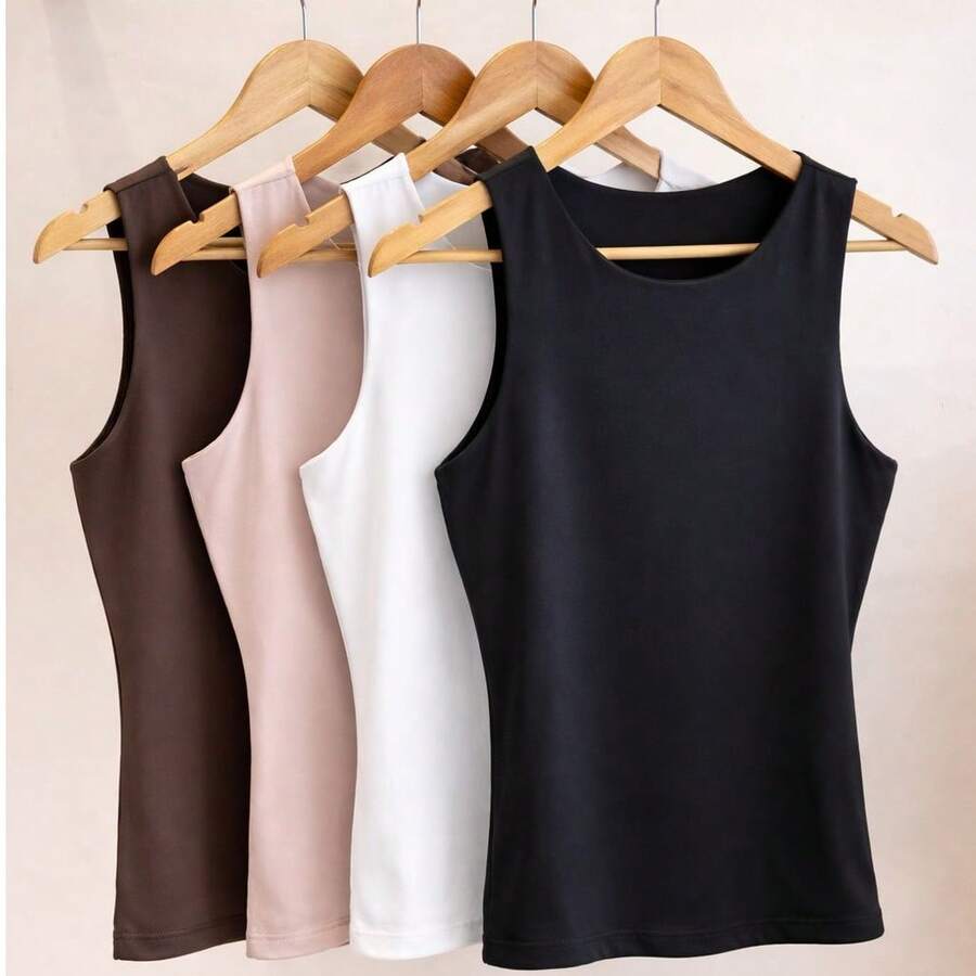 Set Of 4 Women's Tank Tops, Premium Winter Blouse, Plain, Fashionable, Summer, Basic And Versatile, Black, Brown, Nude, White - ĐEN TRẮNG MÀU DA NÂU - Xem 1