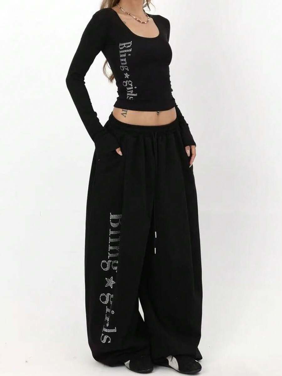 Quần ống rộng dáng suông đính đá, quần thể thao thường ngày. - màu đen - Xem 1