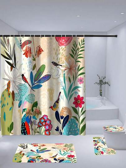 1/4pcs Elegant Retro Floral And Bird Shower Curtain Set, Includes Curtain, U-Shaped Toilet Lid Cover, And Bath Mat, Durable Polyester Knit Fabric, Machine Washable, Artistic Bathroom Decor, Multifunctional Bathroom Set